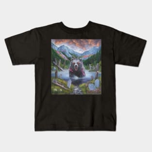 watercolor zombie bear in lake with horns Kids T-Shirt